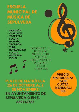 Imagen Abierto el plazo de matrícula en la escuela municipal de música de Sepúlveda, desde el viernes 25 de Octubre al viernes 2 de noviembre.